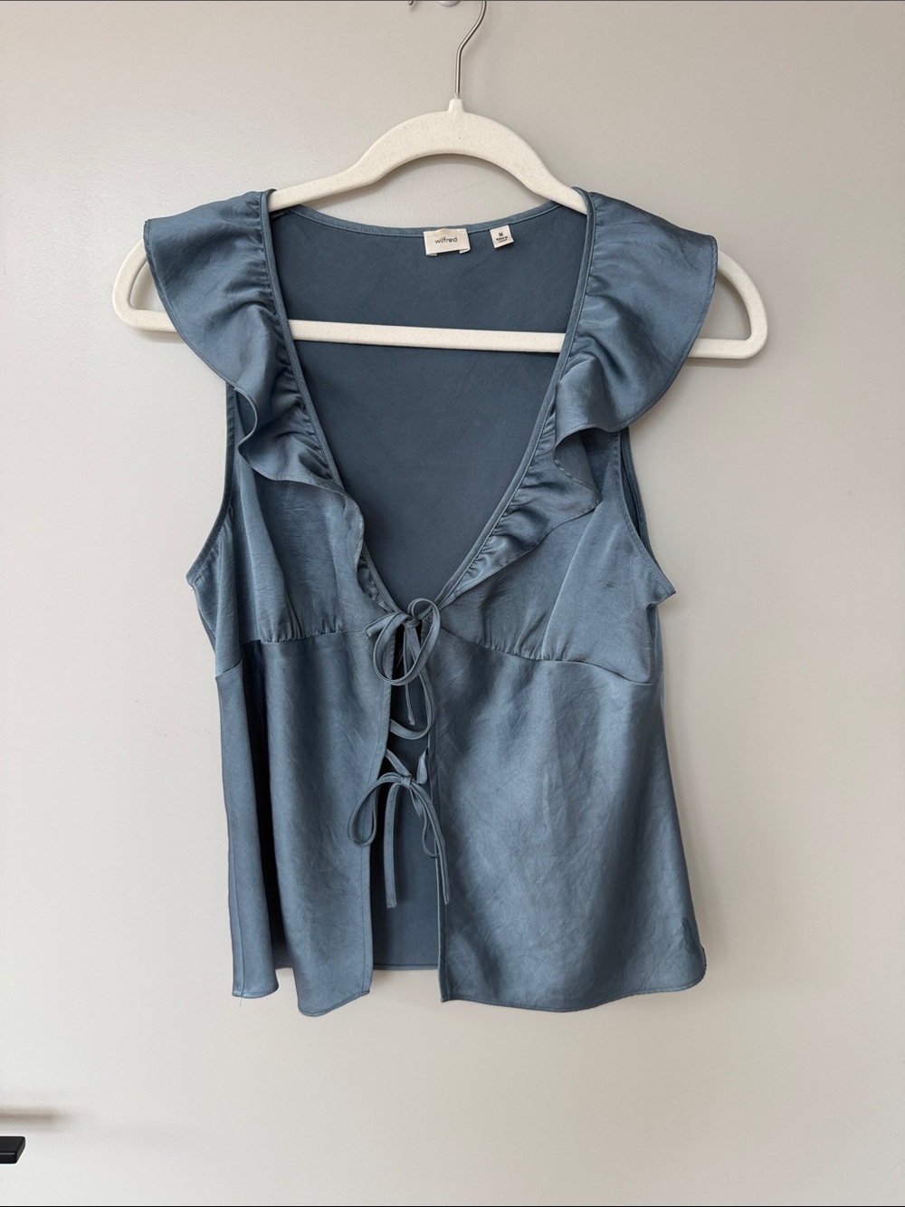 Aritzia Slate Blue Satin Ruffle Tie-Front Camisole